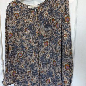 Ann Taylor LOFT Long Sleeve Peacock Feather Print Blouse Large